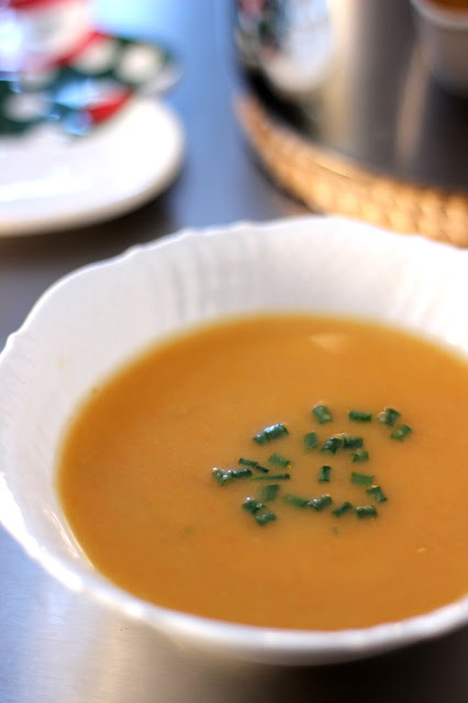 Carrot and Leek Soup topped with chopped chives