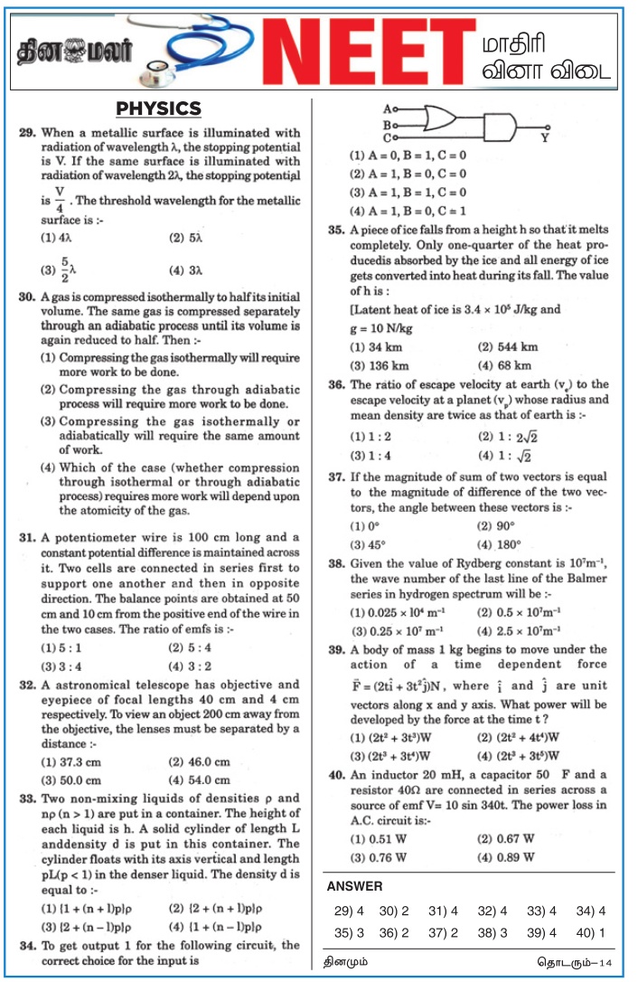 NEET Exam 2017 Model Questions Answers GKTNPSC