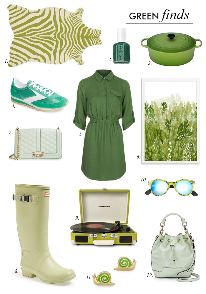green clothing, green hunter boots, green quilted crossbody bag, green bucket bag, green turntable, green zebra rug