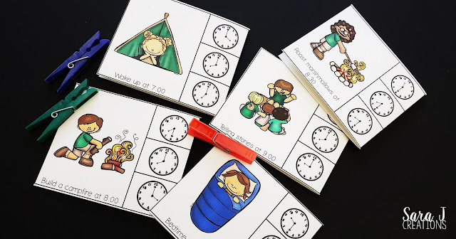 Make learning to read a clock and tell time to the half hour more fun with these FREE camping themed clip cards. Not only is this freebie great practice for children in first grade, but it also offers bonus fine motor practice as students open and close clothespins.