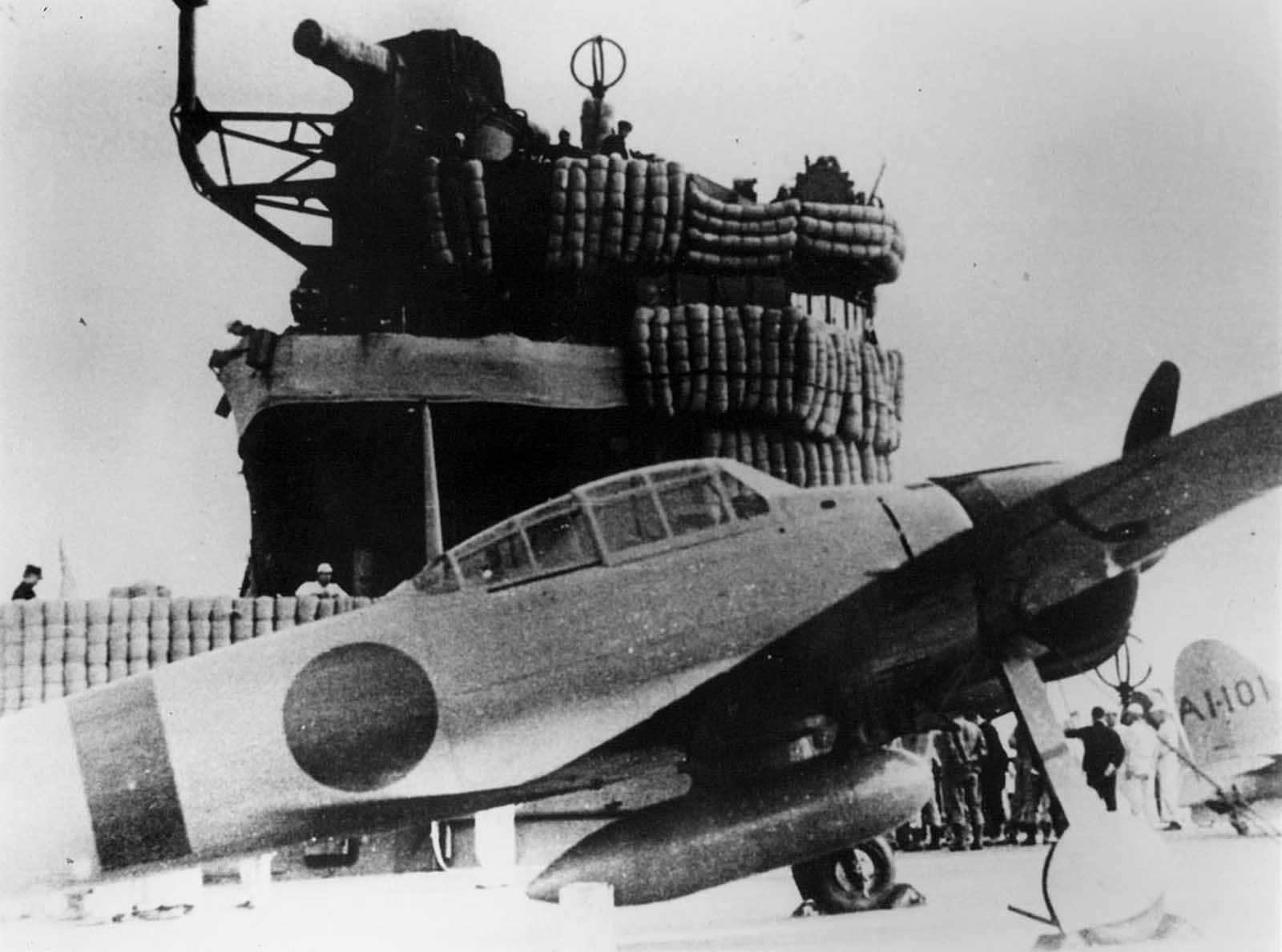An A6M-2 Zero fighter aboard the Imperial Japanese Navy carrier Akagi during the Pearl Harbor attack mission.