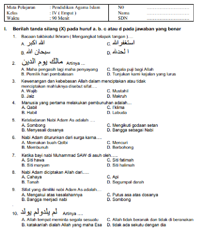 Latihan Soal Pendidikan Agama Islam Kelas 4 Sd