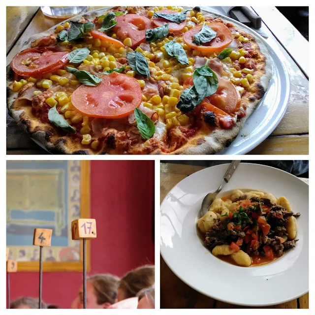 Collage of pizza and pasta dishes at Mesita Grande restaurant in Puerto Natales Chile