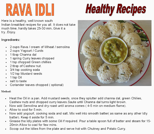 Healthy Breakfast Recipes Rava Idli
