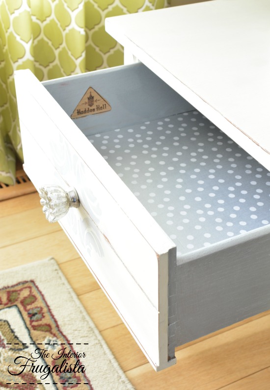 Haddon Hall table drawer painted metallic silver and lined with metallic polka dot paper
