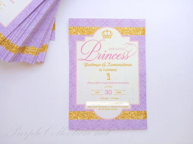1 year old birthday invitation card princess elegant royal purple gold theme, malaysia printing, lustre, pearl, card, digital, offset, kuala lumpur, party, kids, children, first, celebration, glittered, damask