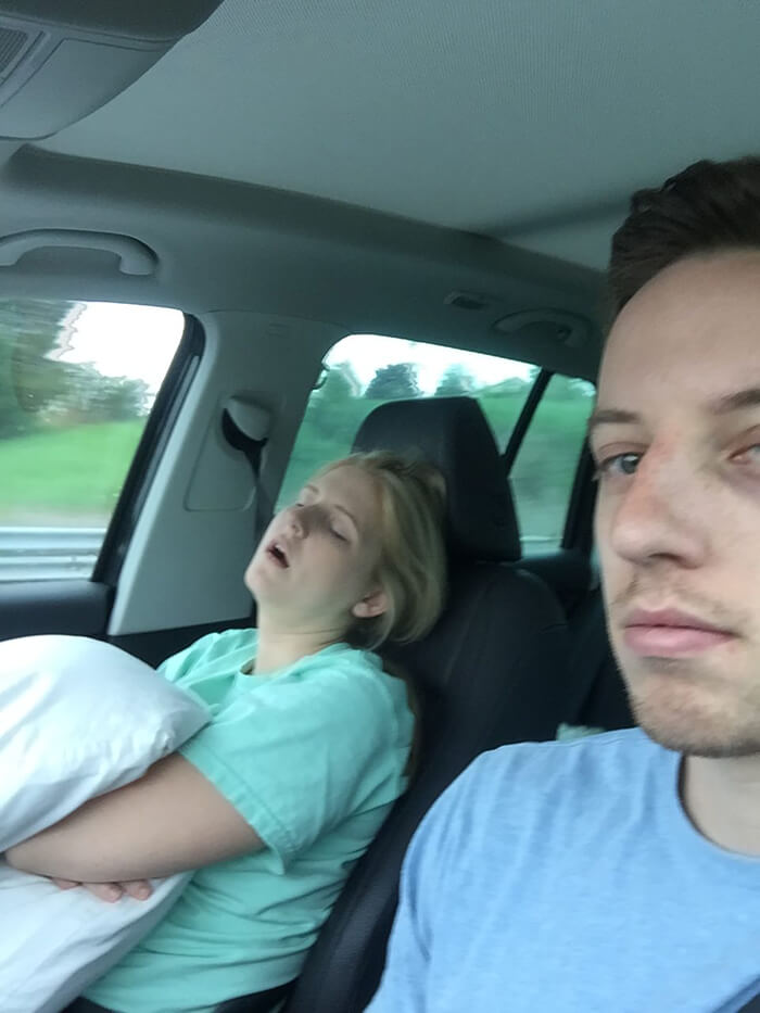 Man Compiles Hilarious Pictures Of His Wife Sleeping On Their Road Trips