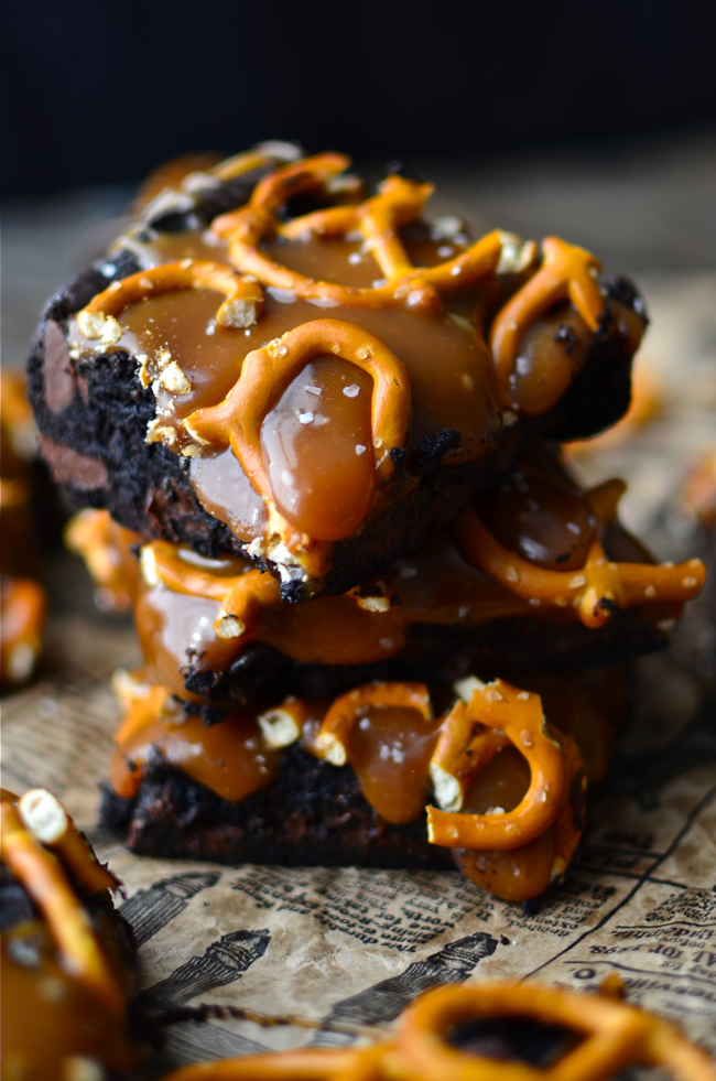 Yammie's Noshery Dark Chocolate Salted Caramel Pretzel Brownies
