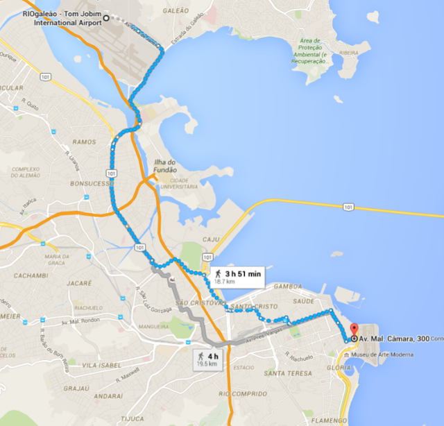 Rio de Janeiro Galeão International Airport to Novotel Santos Demont Google Maps walking