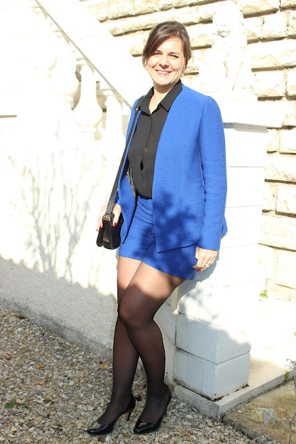 short et veste bleus Zara, sac sandro, blouse naf naf