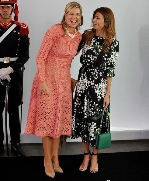 Queen Maxima wore Elie Saab Guipure Lace Dress. Argentina's First Lady Juliana Awada and US First Lady Melania Trump