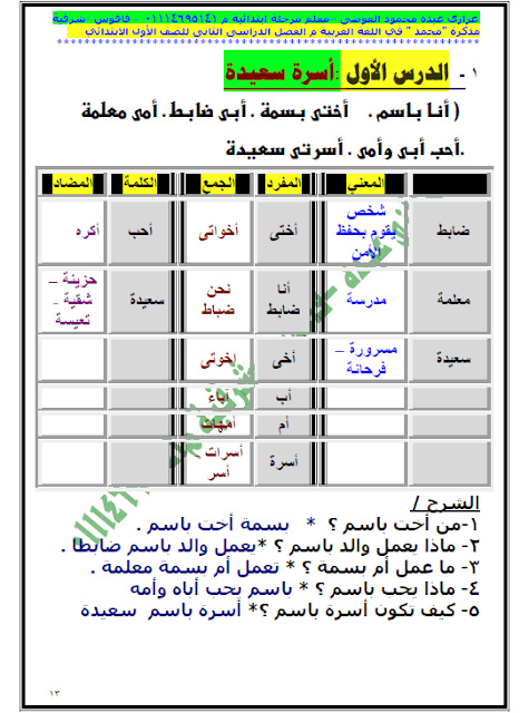 مذكرة عربي للصف الأول الإبتدائي الترم الثاني