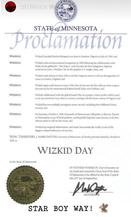 Holiday Named After Wizkid In U.S State –  6th October Is Wizkid Day In Minnesota