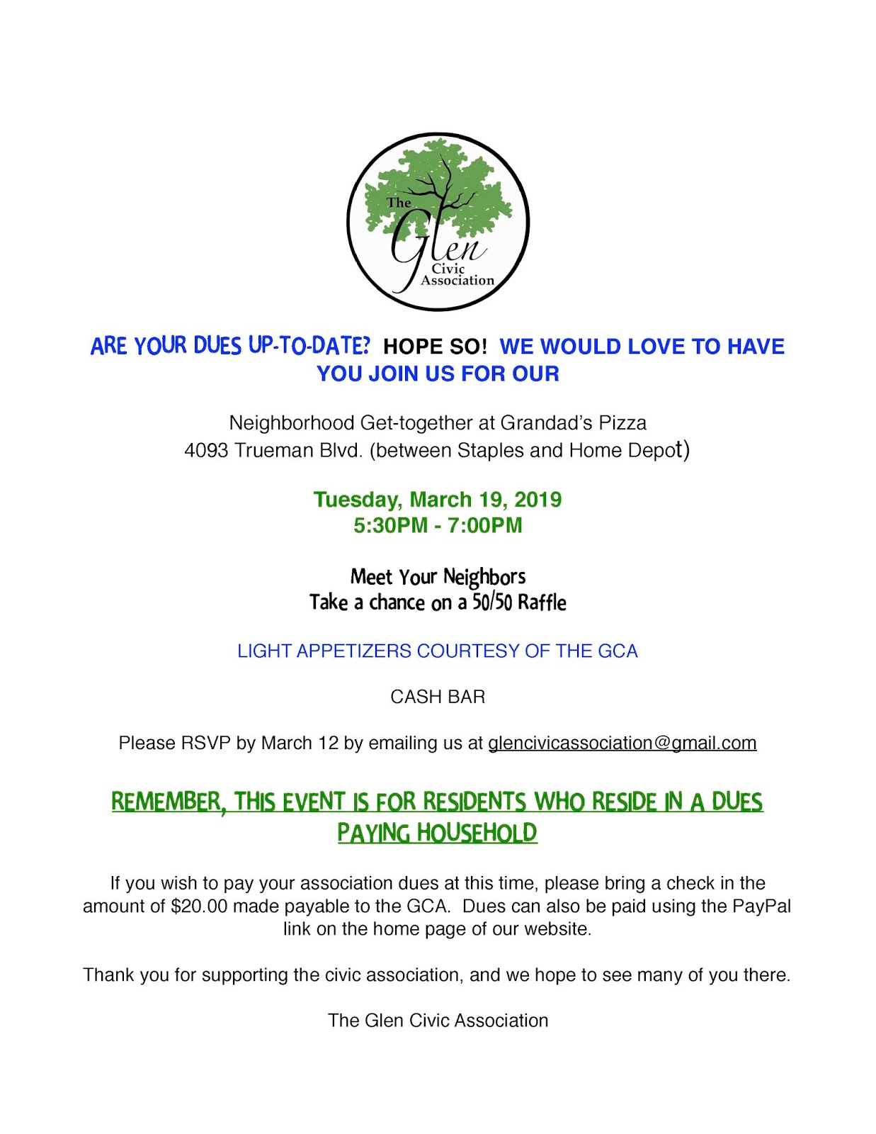 The Glen Civic Association Neighborhood GetTogether Tues., March 19