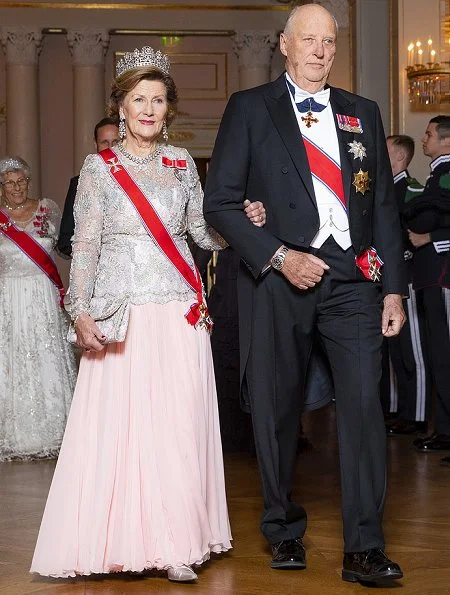 Crown Prince Haakon, Crown Princess Mette-Marit and Princess Astrid attended the gala dinner. Diamond tiara, diamond earrings and necklace