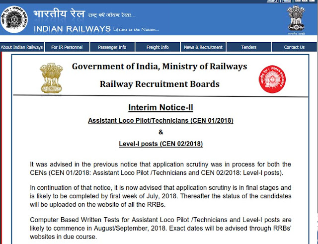 RRB Assistant Loco Pilot / Technicians Exam Notification 2018 indianrailways.gov.in