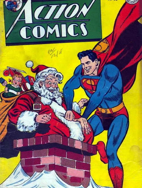 Photo : デブのサンタさんを煙突に押し込み、クリスマス・プレゼントを配る手伝いをしているスーパーマン ! !