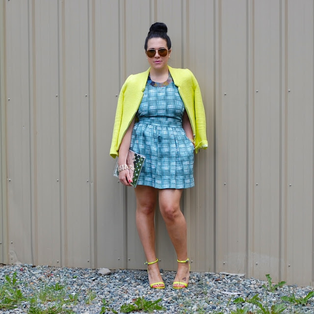 Rachel, Rachel Roy dress, Zara neon yellow jacket, Ela Editor's Pouch, Prabal Gurung for Target heels.