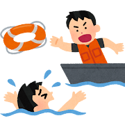 溺れている人に浮き輪を投げる救助員のイラスト