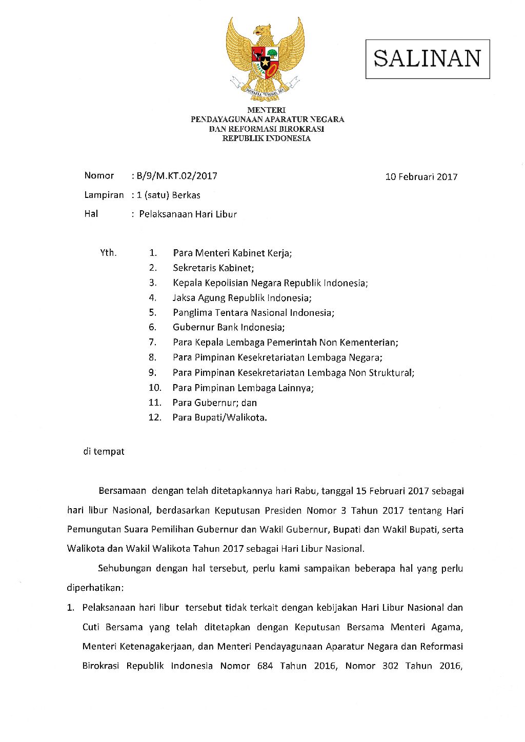 Surat Menteri PANRB Pelaksanaan Hari Libur Pilkada Untuk Surat Menteri PANRB Pelaksanaan Hari Libur Pilkada Untuk