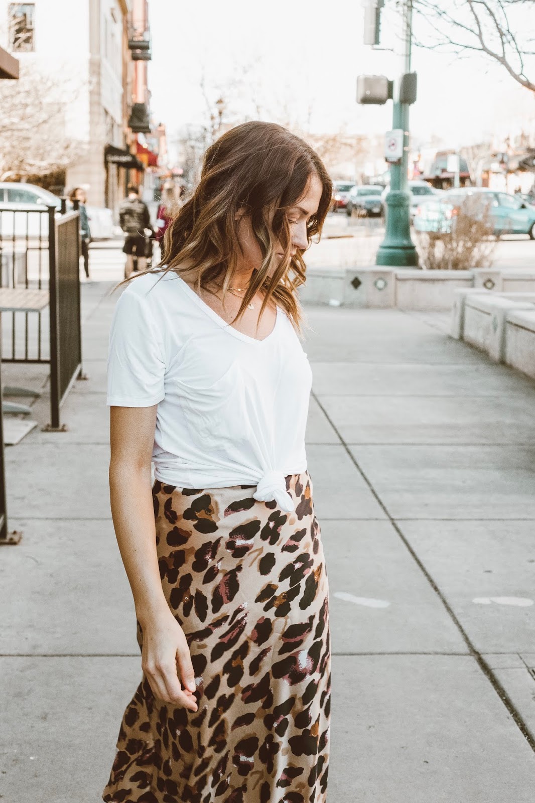 leopard skirt knotted white tee