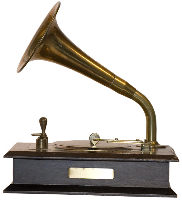 A wooden music box shaped like a gramophone that winds up with a brass handle.