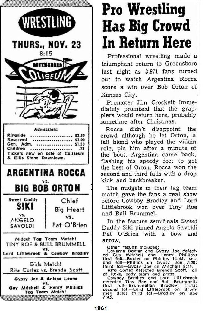 All Star Championship Wrestling Greensboro,NC Nov.23,1961