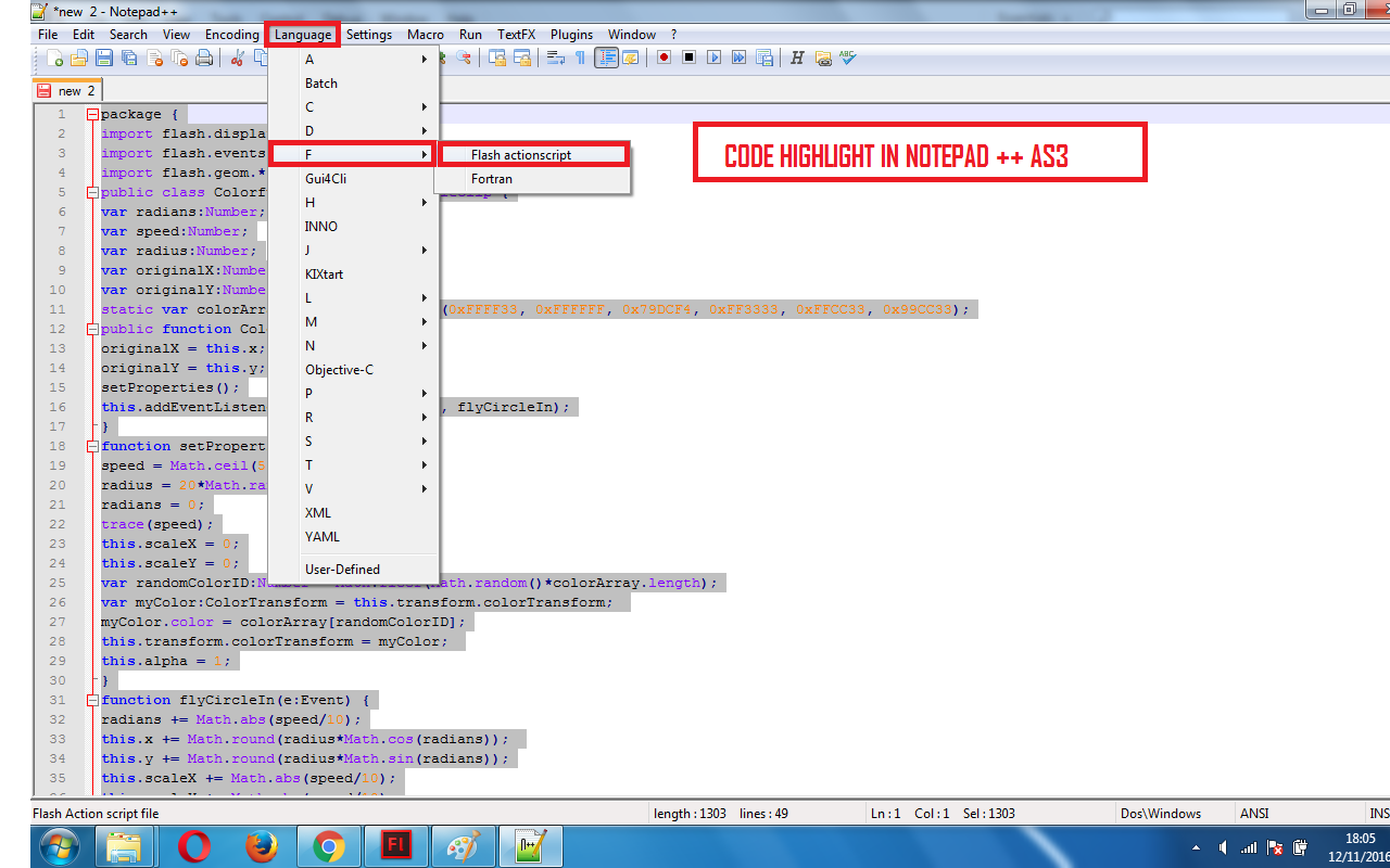 FLASH CODE HIGHLIGHT BY NOTE PAD++ - Flash College