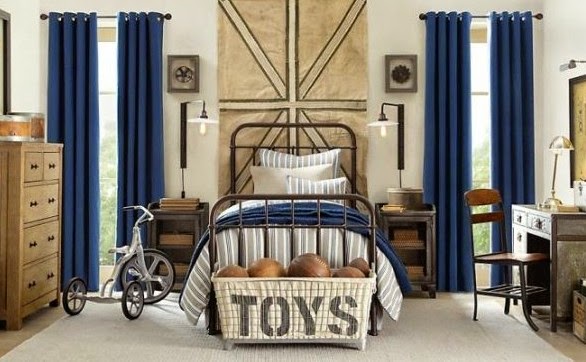 Traditional boys room decor ideas 2015, blue curtain and toys basket, iron bed