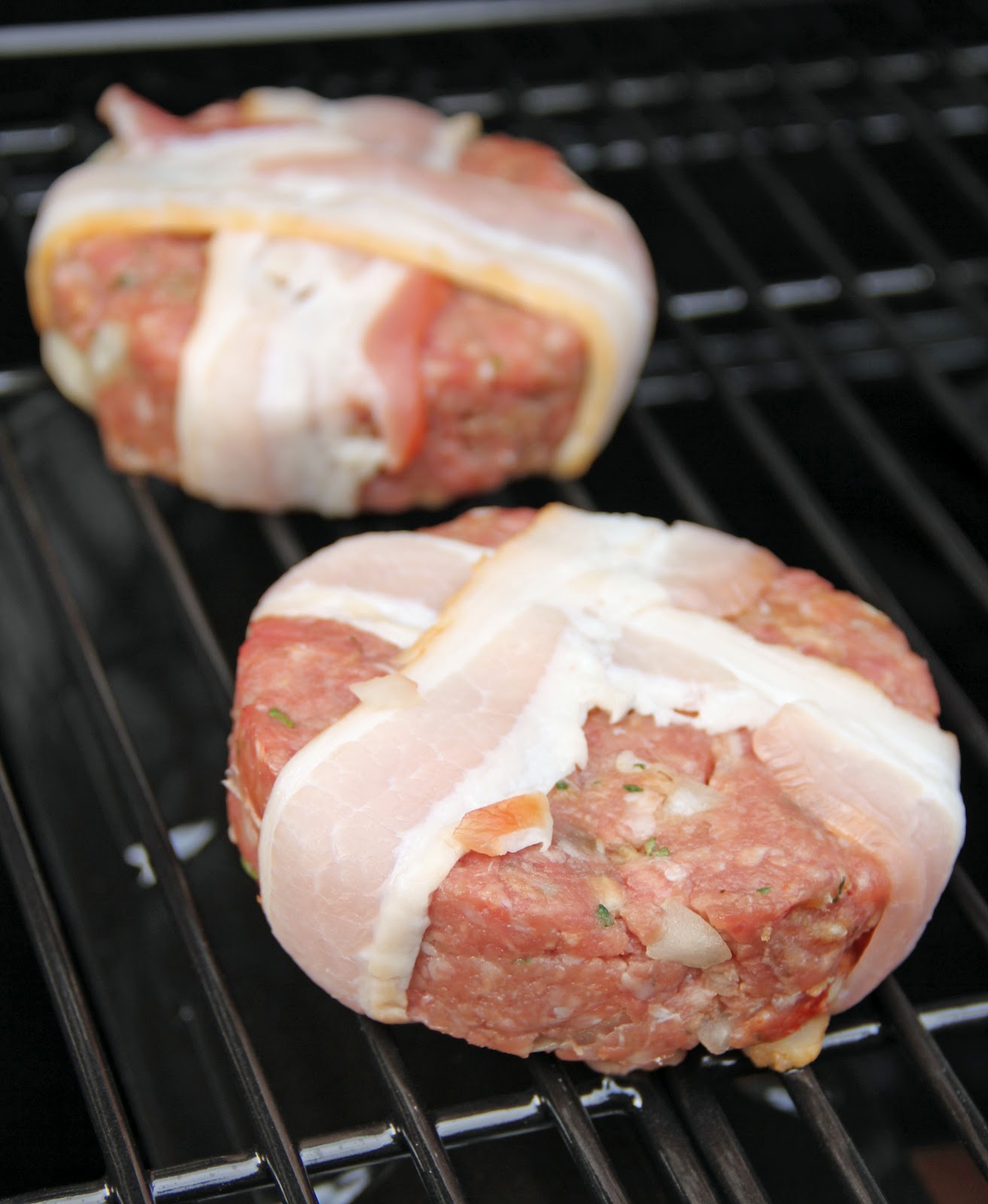 Jo and Sue Cheese Stuffed Bacon Wrapped BBQ Burgers With Caramelized