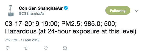 @CGShanghaiAir tweet reporting PM2.5 level of 985 in Shanghai