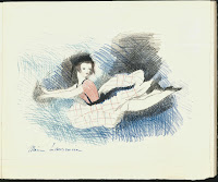 A stylized color pencil drawing of a girl floating through the air.