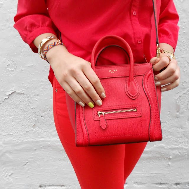 Cherry red monochrome outfit, leopard loafers and Celine Nano handbag