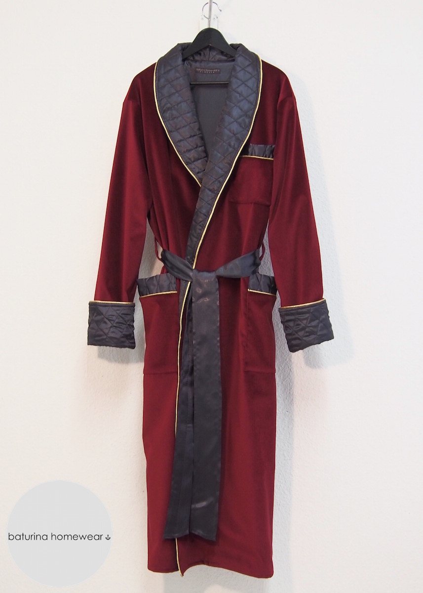 Men's Burgundy Red Velvet & Quilted Silk Dressing Gown