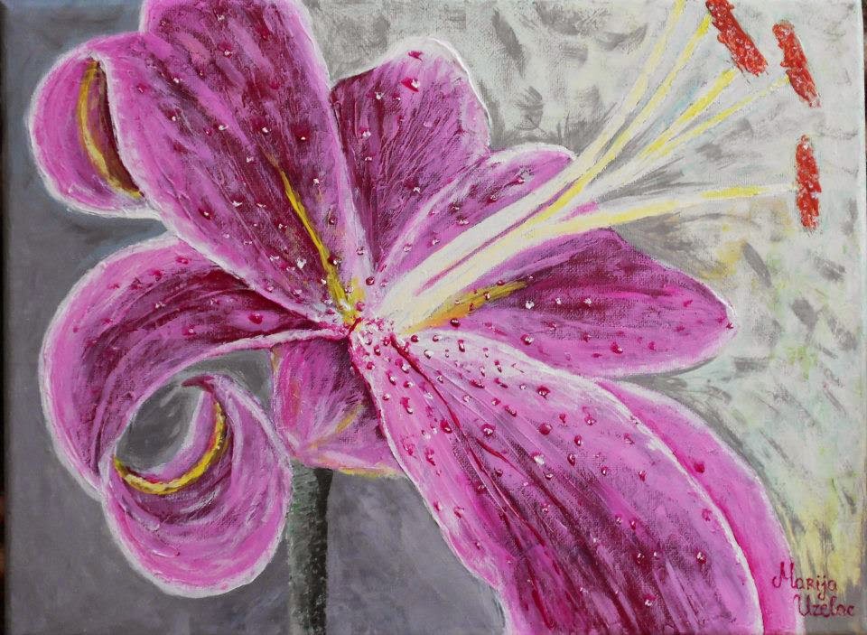 painting, acrylic painting on canvas, flower lily painting on canvas, pink flower painting