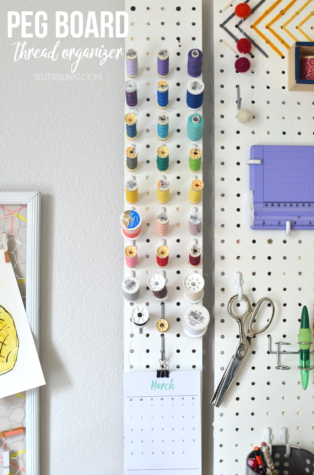 a fun and efficient way to organize thread using a pegboard in craft room