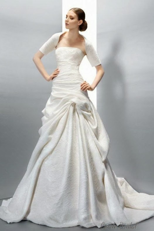 A Line Strapless Taffeta Short Sleeves Pick Up Bridal Gown