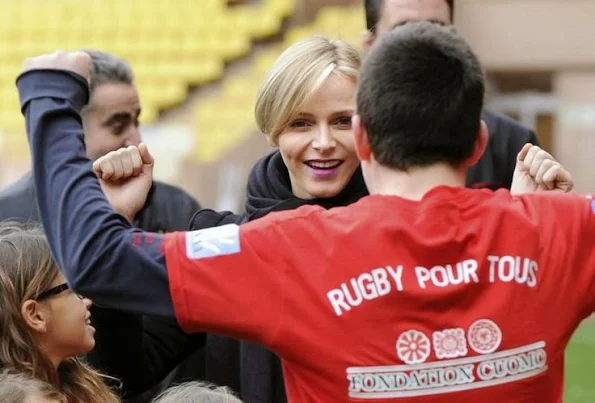 Princess Charlene attended the Sainte Devote rugby tournament match at the Louis II Stadium in Monaco