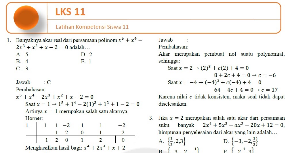 Soal dan Pembahasan Buku Sukino BAB 4 LKS 11 Matematika