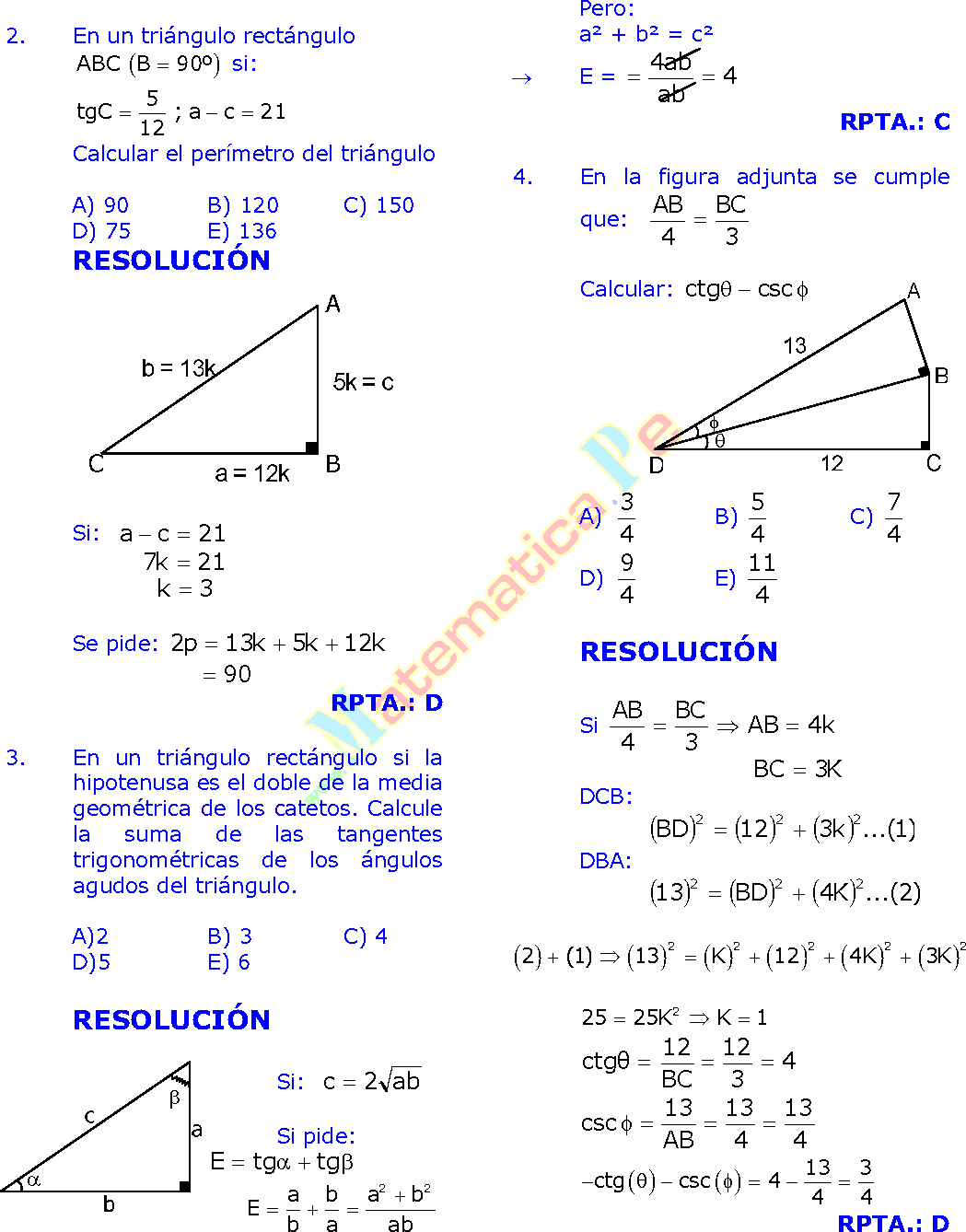 Ejercicios De Razones Trigonometricas En Triangulos Rectangulos Resueltos De Secundaria Y Preuniversitarios Pdf