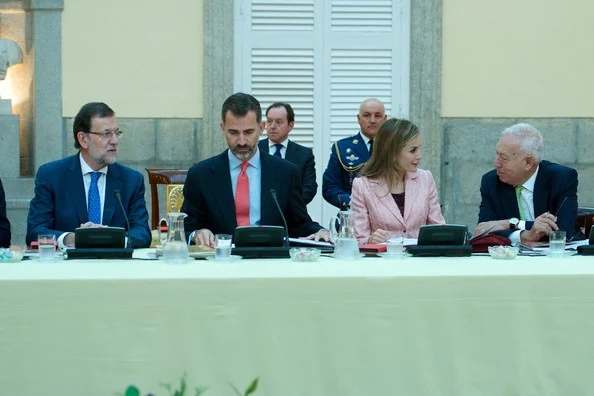 King Felipe VI of Spain and Queen Letizia of Spain attend the Cervantes Institute Annual Meeting at tthe El Pardo Palace in Madrid, Spain