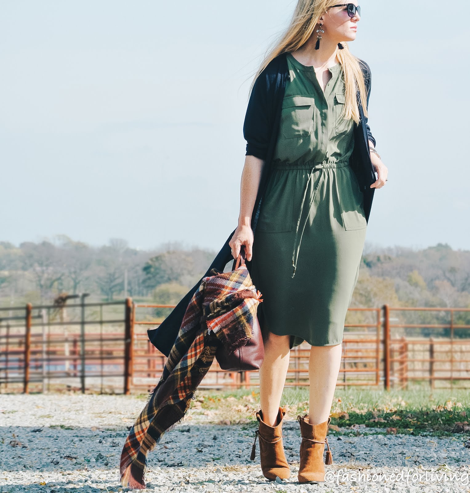 Fashioned For Living: fall dress outfit. olive dress with duster ...