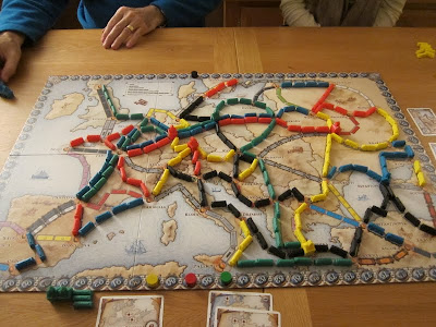 Ticket To Ride: Europe - The board at the end of the game and after the scorring! Note Gwen's marker on the far side, she smashed the rest of us.