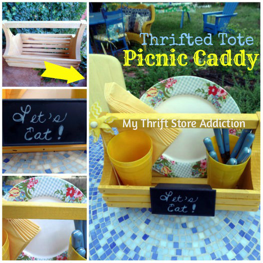 How to repurpose a plain thrift store tote as a pretty picnic caddy for outdoor dining: mythriftstoreaddiction.blogspot.com Picnic caddy for outdoor dining