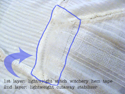 fix tears in sheer fabric by layering hem tape and stabilizer
