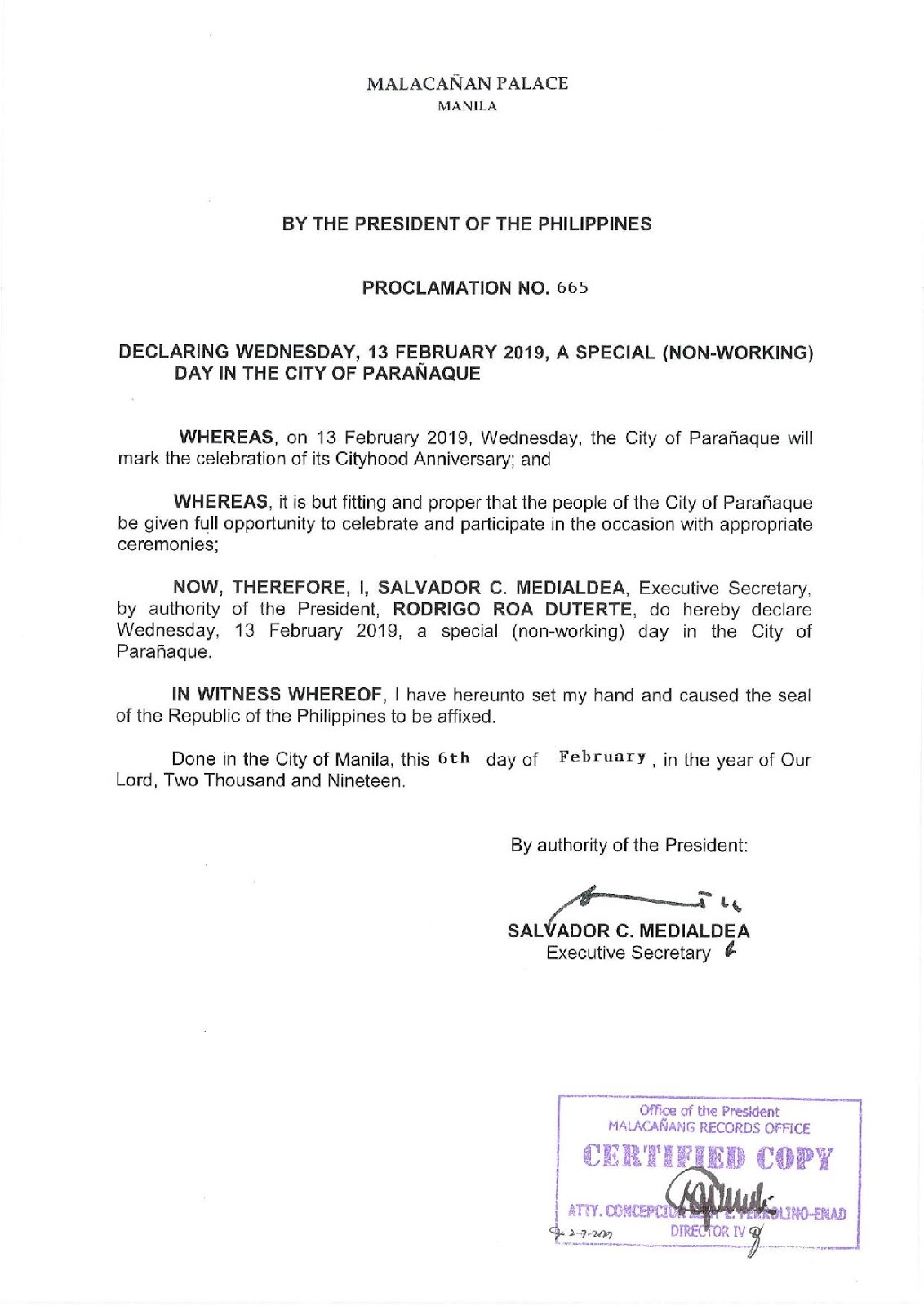 Philippine Holidays Special (NonWorking) Day in Parañaque City on