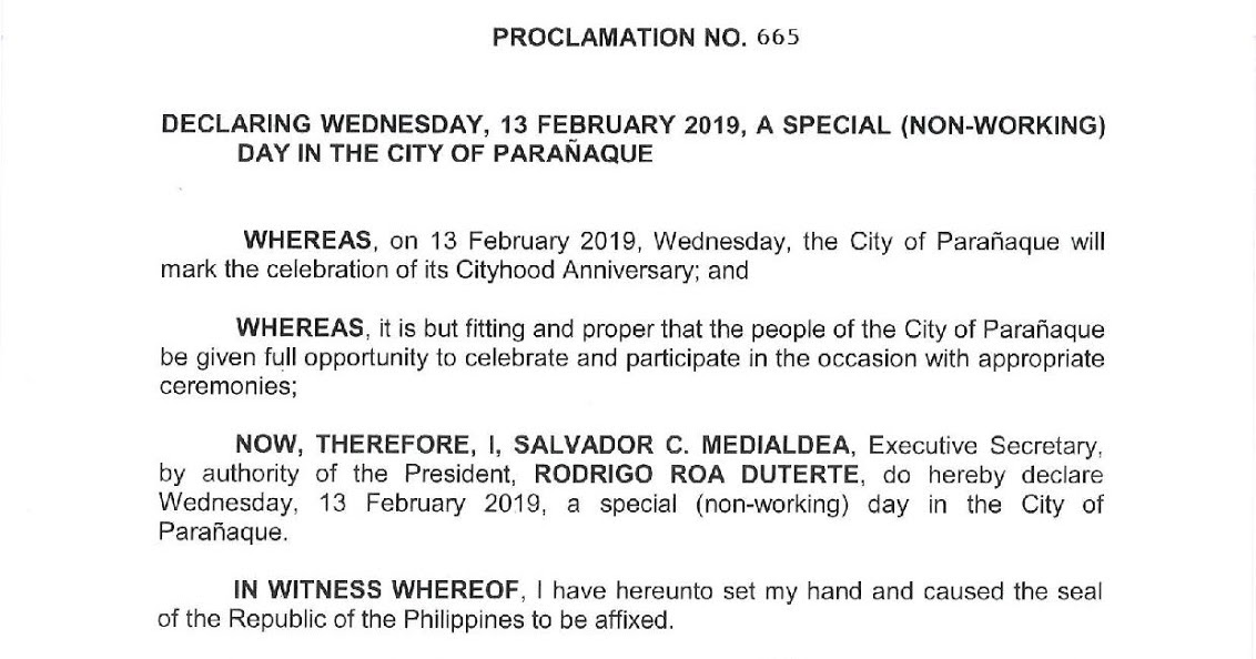 Philippine Holidays Special (NonWorking) Day in Parañaque City on