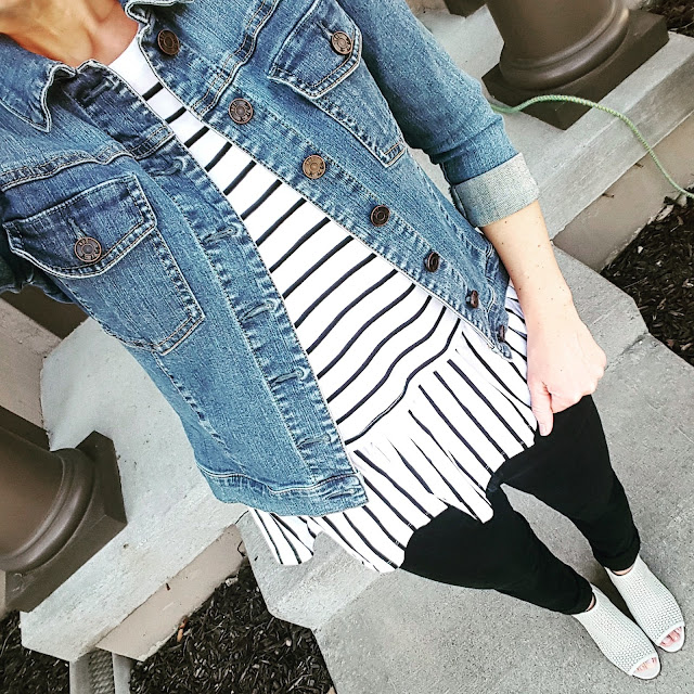 how to wear peplum, Old Navy Striped Peplum Tank - also in long sleeve Kut from the Kloth Denim Jacket - similar on sale here and here 7 For All Mankind Skinny Jeans - 30% off, also on sale here Sam Edelman Henri Perforated Heel $60 (reg $150)
