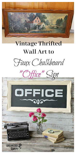 Thrifted Pressed Board Wall Art Upcycled to Faux Chalkboard Office Sign #oldsignstencils #stencil