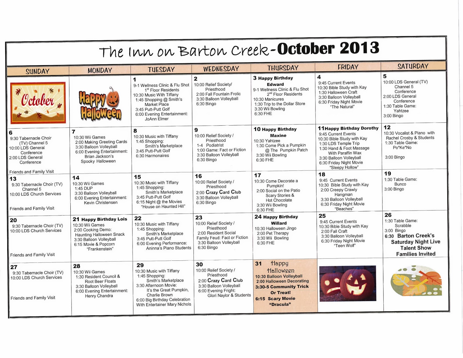 Barton Creek Assisted Living October 2013 Activities Calendar Barton Creek Assisted Living October 2013 Activities Calendar